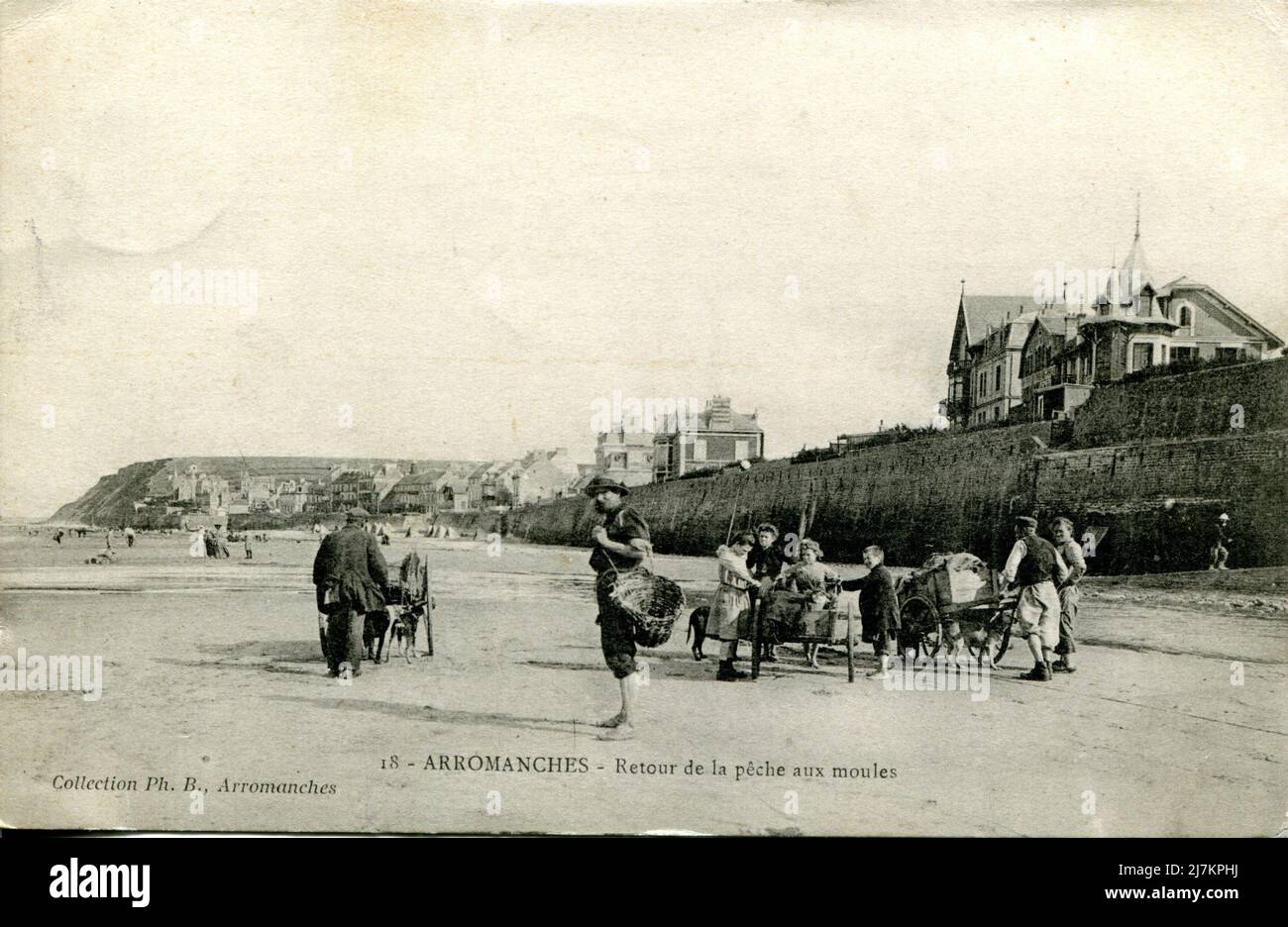 Arromanches-les-Bains, Rückkehr aus dem Muschelangeln Department: 14 - Calvados Region: Normandie (früher Basse-Normandie) Vintage-Postkarte, Ende 19. - Anfang 20. Jahrhundert Stockfoto