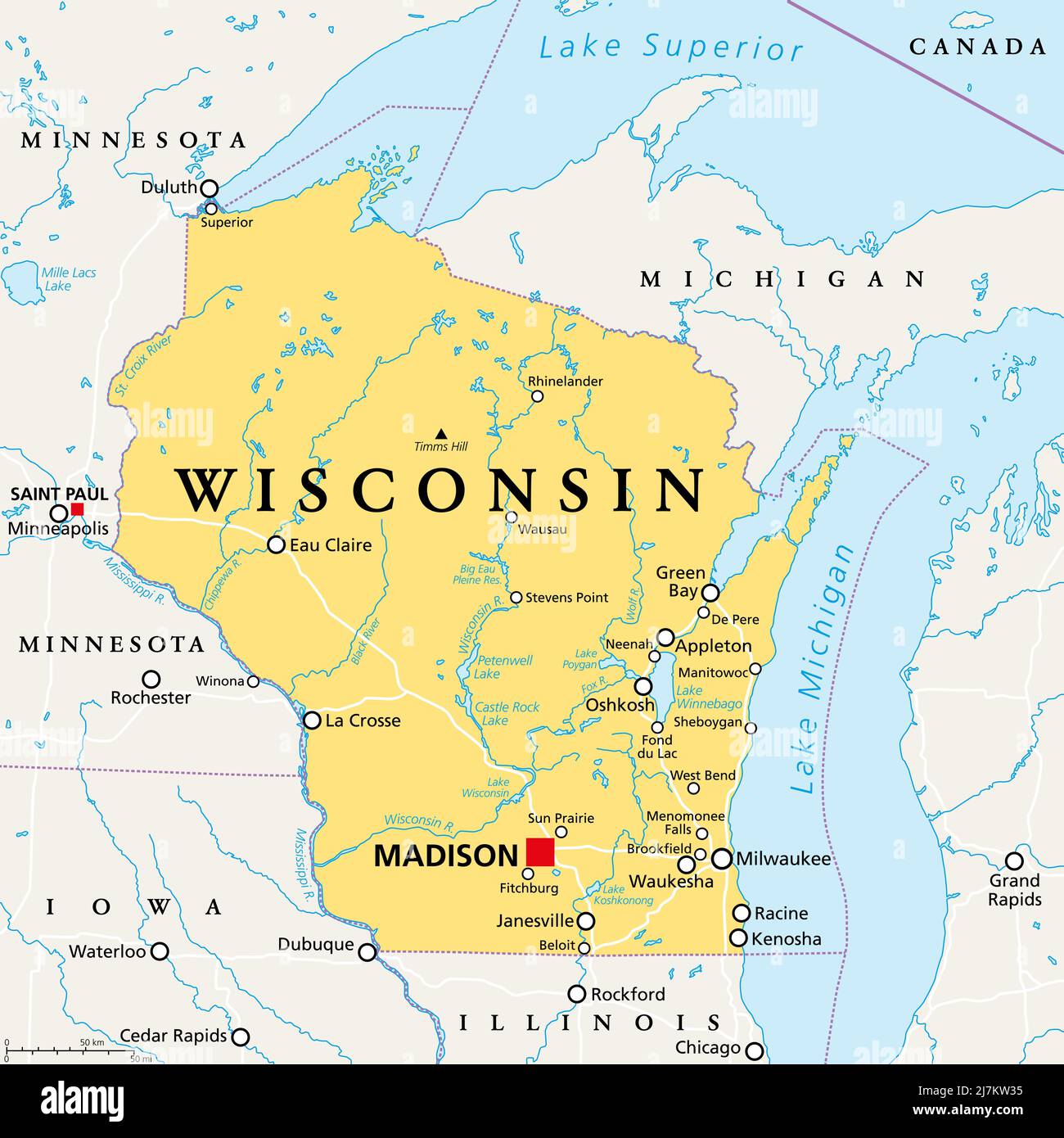 Wisconsin, WI, politische Karte, mit der Hauptstadt Madison und der Metropolregion Milwaukee. Staat im oberen Mittleren Westen der Vereinigten Staaten von Amerika. Stockfoto