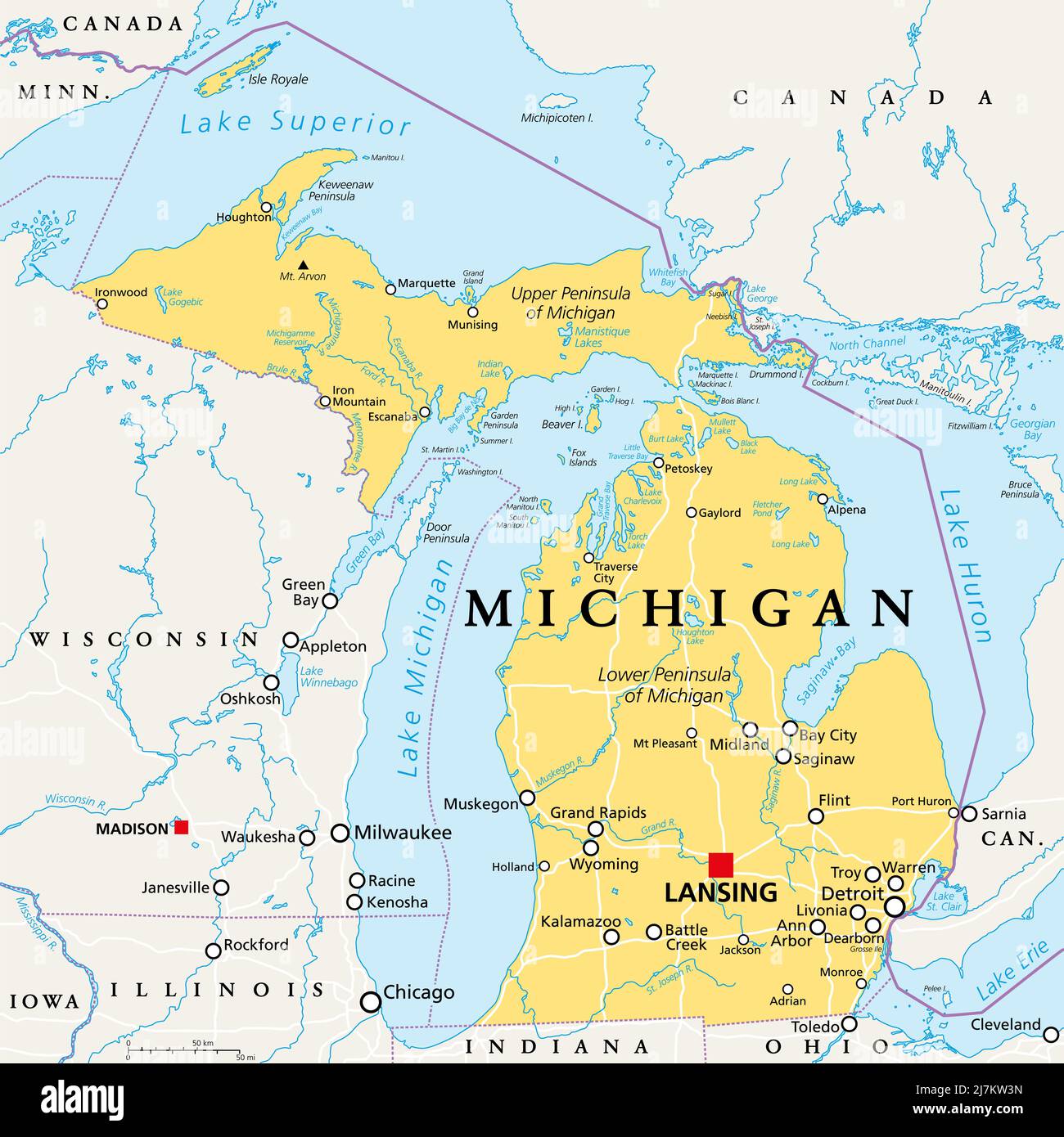 Michigan, MI, politische Karte, mit Hauptstadt Lansing und Metropolregion Detroit. Staat in der Region der Großen Seen im oberen Mittleren Westen der Vereinigten Staaten. Stockfoto