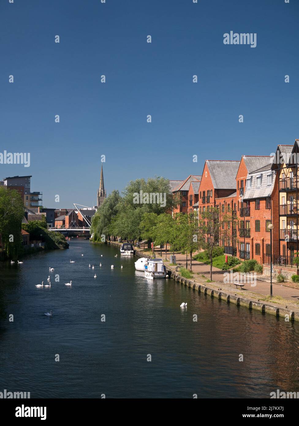 Der Fluss Wensum in der Stadt Norwich, Teil der Norfolk Broads, mit Neuentwicklung & Cathedral Spire, Norwich, Norfolk, England, Großbritannien Stockfoto