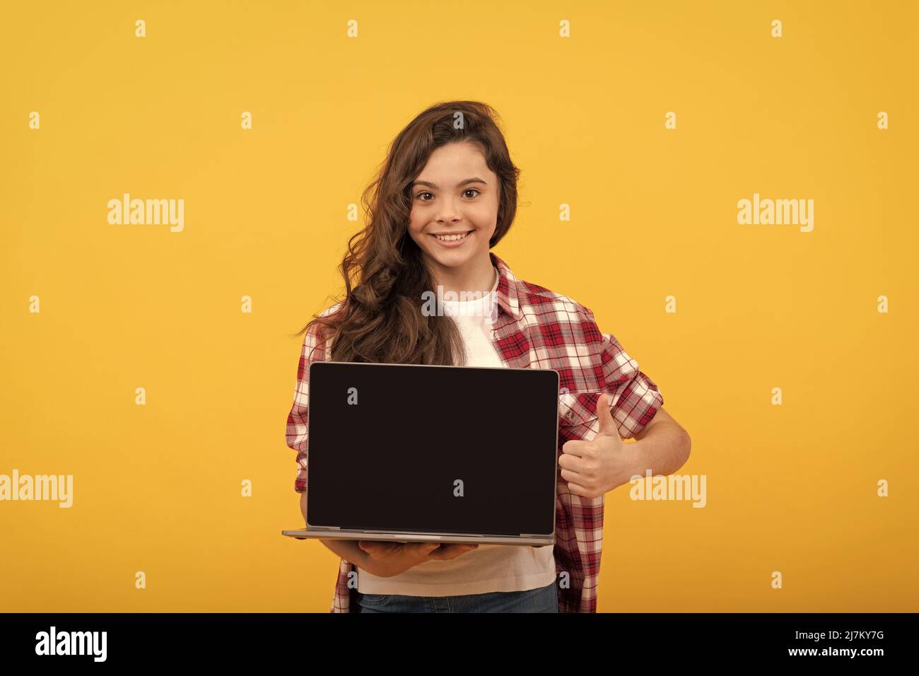 Online-Bildung. Zurück zur Schule. Daumen hoch. Webinar-pc-Werbung. Stockfoto