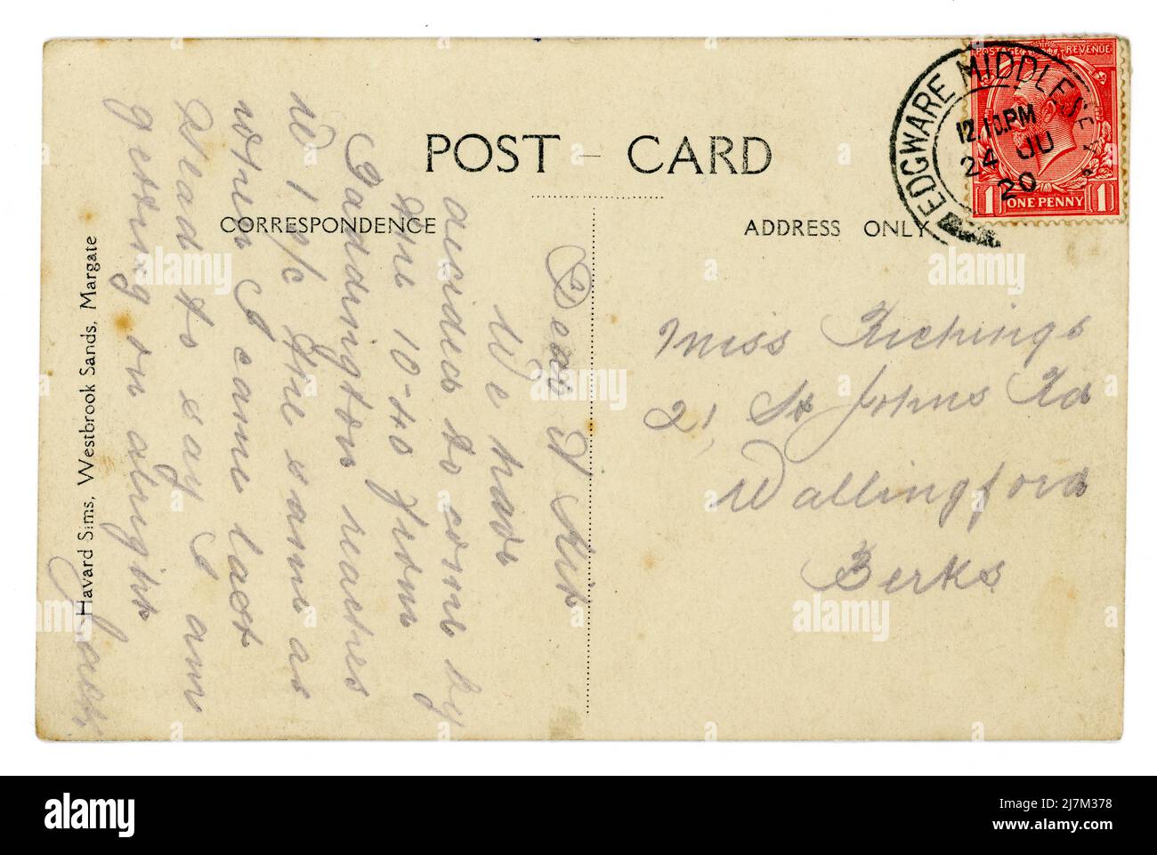 Rückseite der ursprünglichen Fotopostkarte am Meer aus den frühen 1920er Jahren von Westbrook Sands, Margate, Kent, Großbritannien, roter 1D (ein Penny) King George V Stempel, datiert 24. Juli 1920. Stockfoto