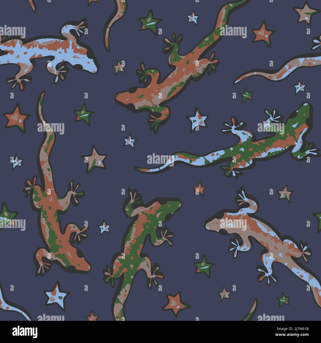 Nahtloses Vektor-Muster mit bunten Geckos auf blauem Hintergrund. Künstlerisches Tiertapete-Design mit Eidechsen und Sternen. Stock Vektor