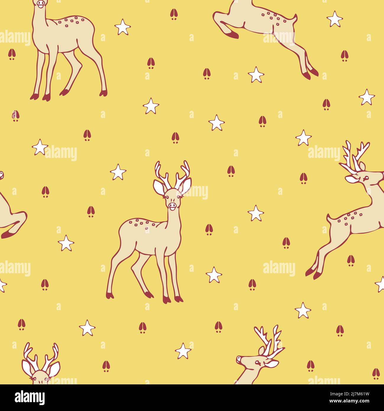 Nahtloses Vektormuster mit Hirsch und Sternen auf gelbem Hintergrund. Einfache Tier Tapete Design Dekorative Wintermode Textil. Stock Vektor