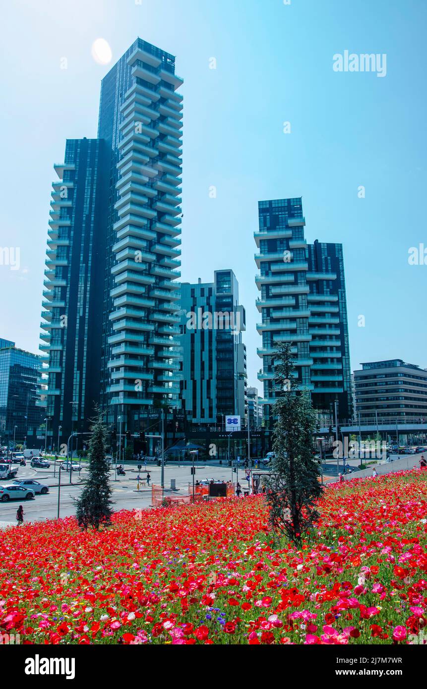 Blick auf den Solaria-Turm von der Biblioteca degli Alberi (BAM), Park. Blühende Felder. Mailand. Italien Stockfoto