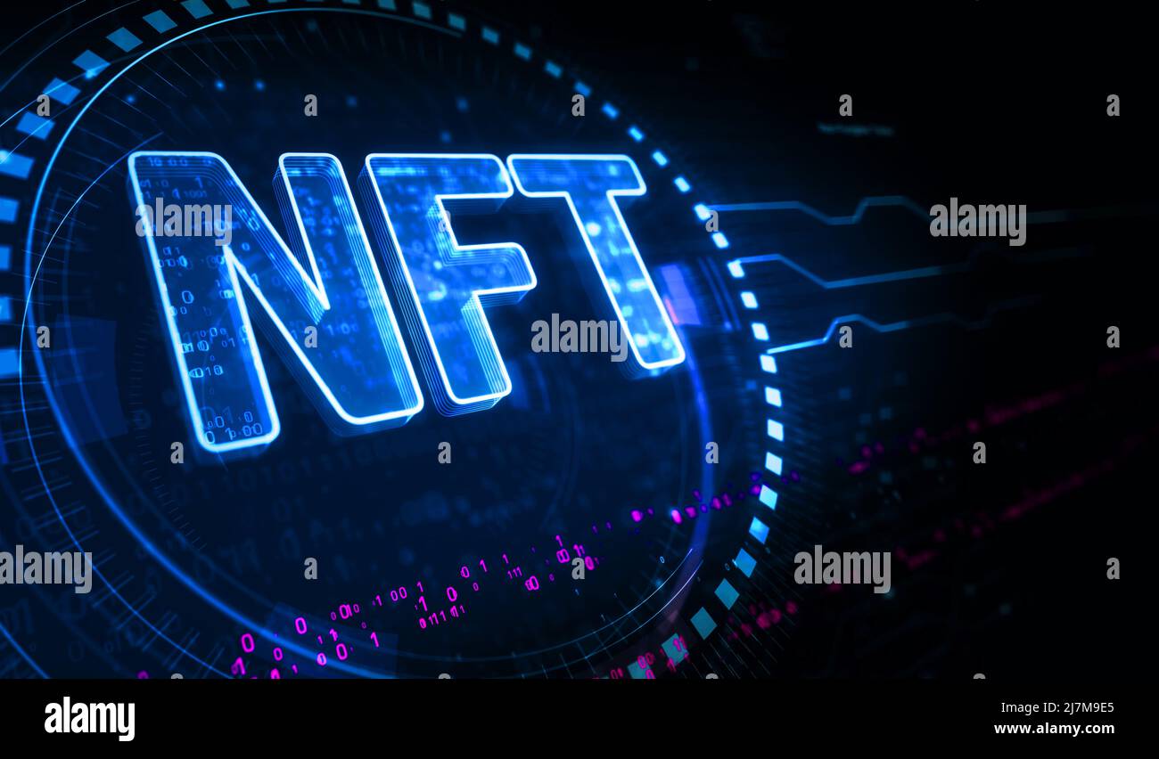 NFT nicht-fungible Token und digitale Sammlerstücke Symbol digitales Konzept. Netzwerk, Cyber-Technologie und Computer Hintergrund abstrakt 3D Illustration. Stockfoto