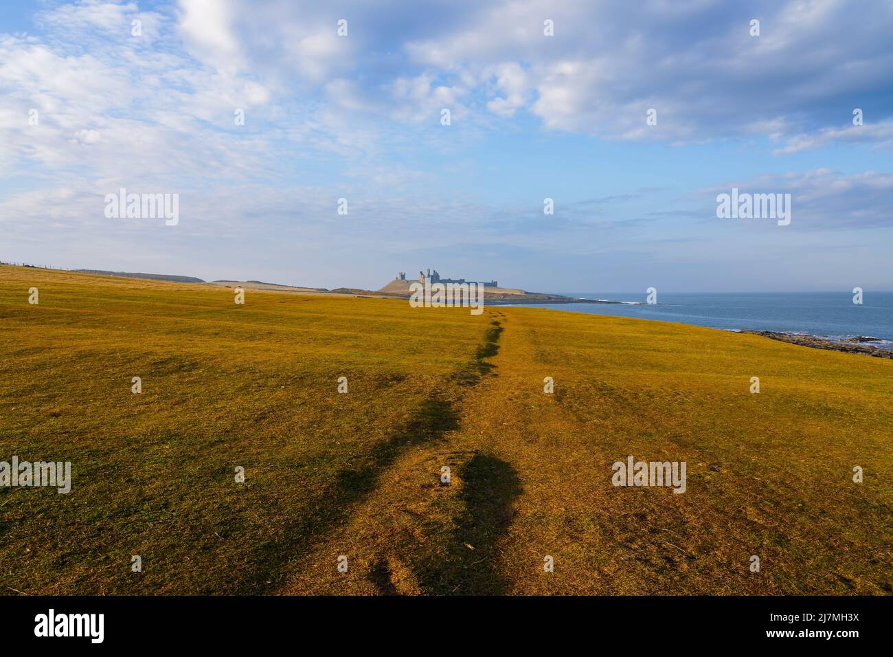 An den letzten Tagen strahlt die Frühlingssonne über eine neblige Küste von Northumbrian in der Nähe von Craster. Stockfoto