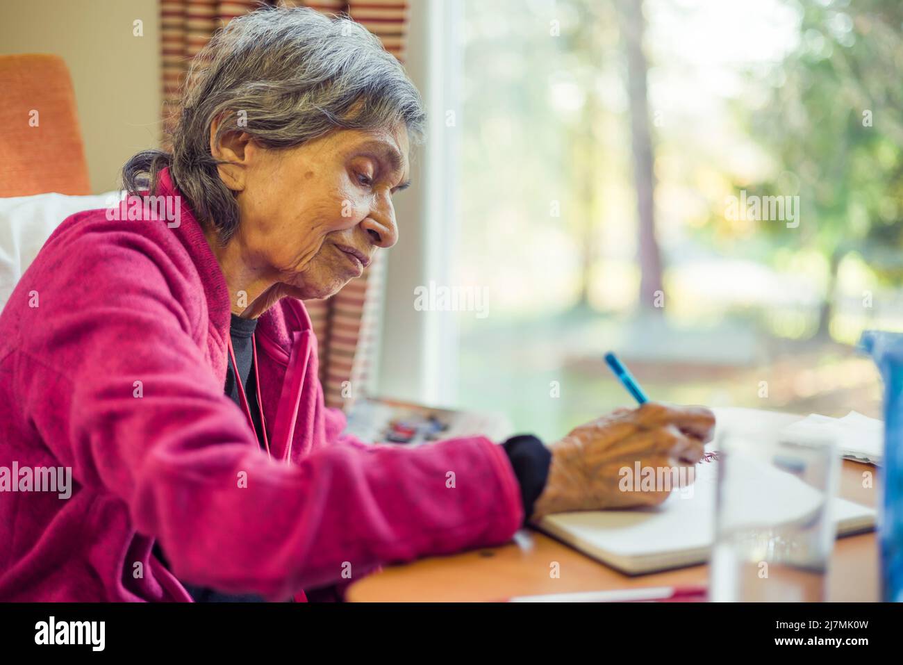 Alte ältere asiatische indische Frau, die in einem Journal oder Notizbuch sitzt, Großbritannien. Zeigt Speicherverlust und das Aufbewahren einer Liste oder eines Tagebuchs. Stockfoto