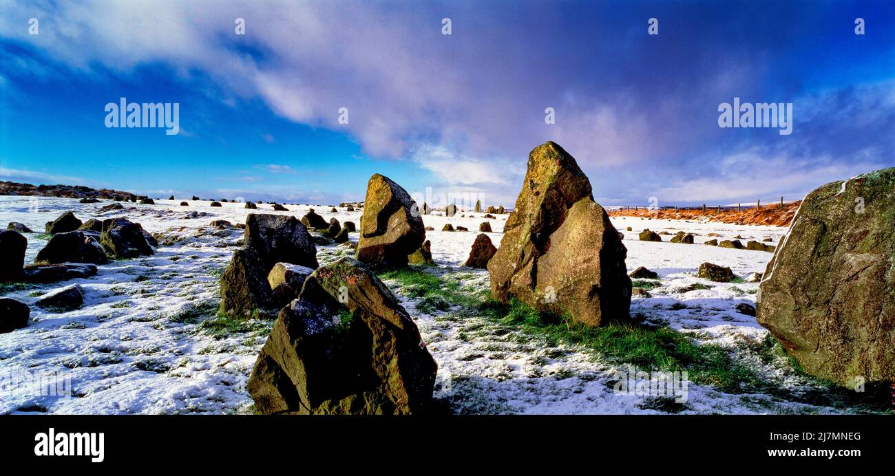 Beaghmore Steinkreise im Schnee, Sperrins, County Tyrone, Nordirland Stockfoto