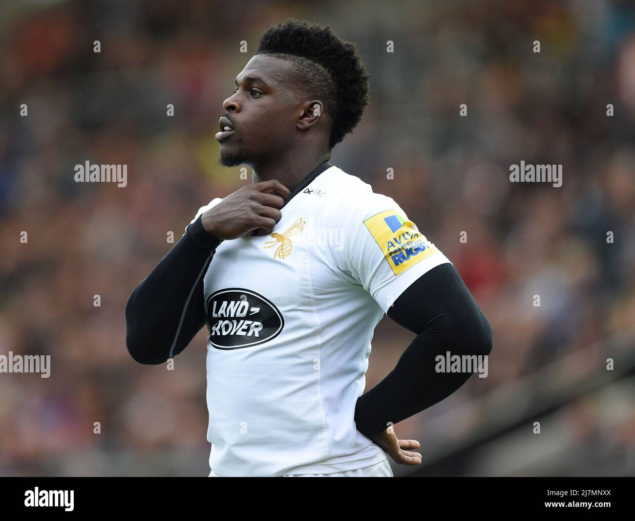 Aktenfoto vom 24-09-2017 von Wesps' Christian Wade. Wasps-Chef Lee Blackett weiß nicht, wie Wades Rückkehr zur Rugby-Union möglich ist, nachdem er enthüllt hat, dass es keinen Kontakt mit dem gefeierten ehemaligen Flügel des Clubs gegeben hat. Ausgabedatum: Dienstag, 10. Mai 2022. Stockfoto