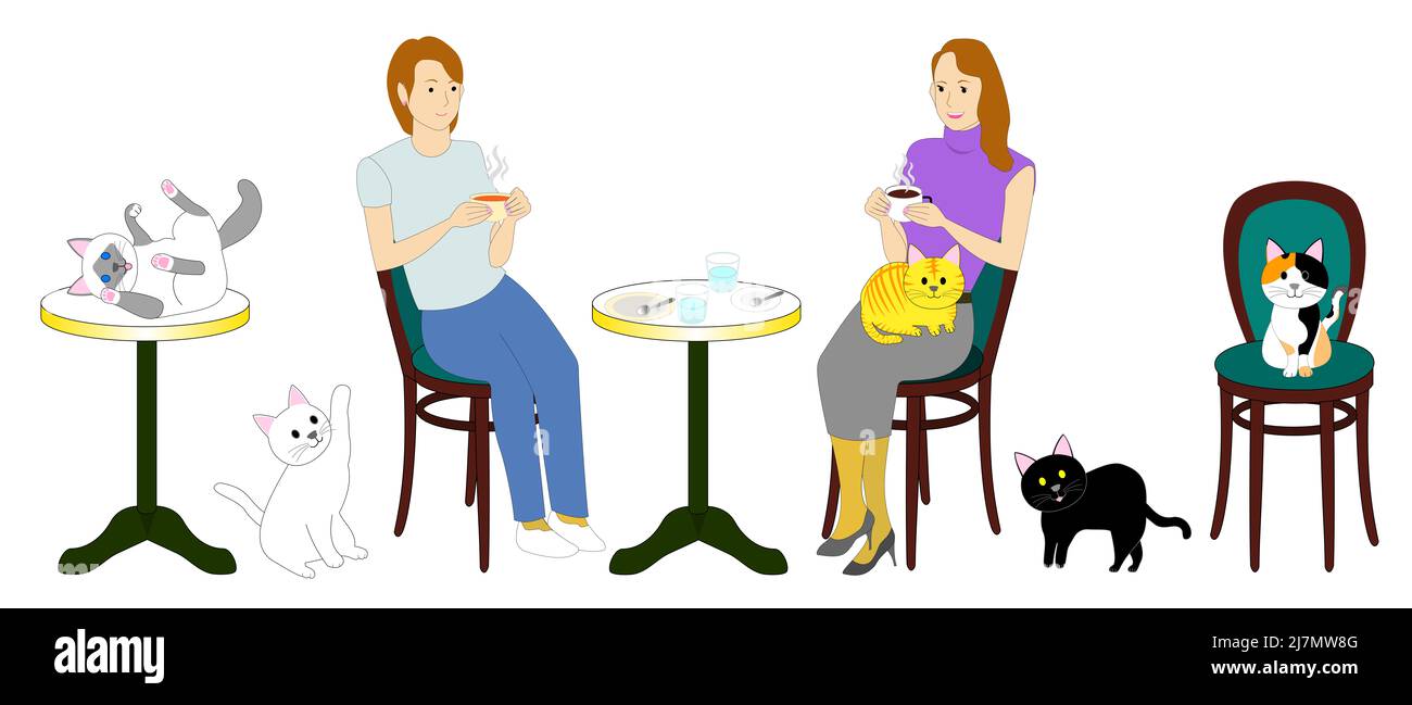 Eine Reihe von Cat Cafe mit weißem Hintergrund: Lebensmittel, Getränke, Frauen, Katzen und Möbel Stockfoto