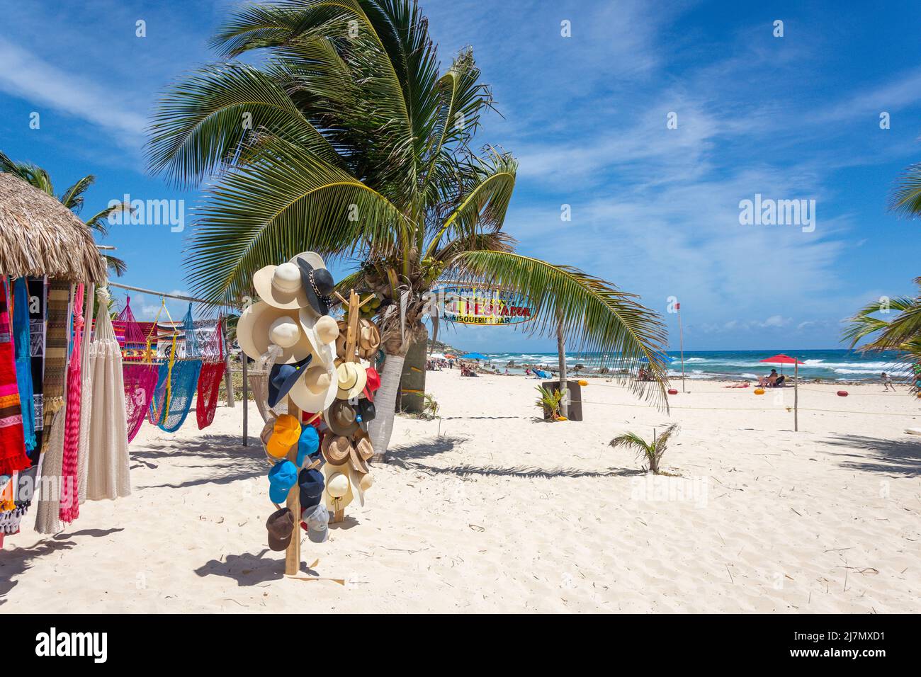 Souvenirladen am Strand in El Pescador Marisqueria & Bar, Playa Chen Rio, Cozumel, Quintana Roo, Mexiko Stockfoto