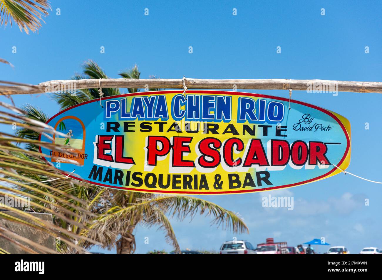 Schild El Pescador Marisqueria & Bar, Playa Chen Rio, Cozumel, Quintana Roo, Mexiko Stockfoto
