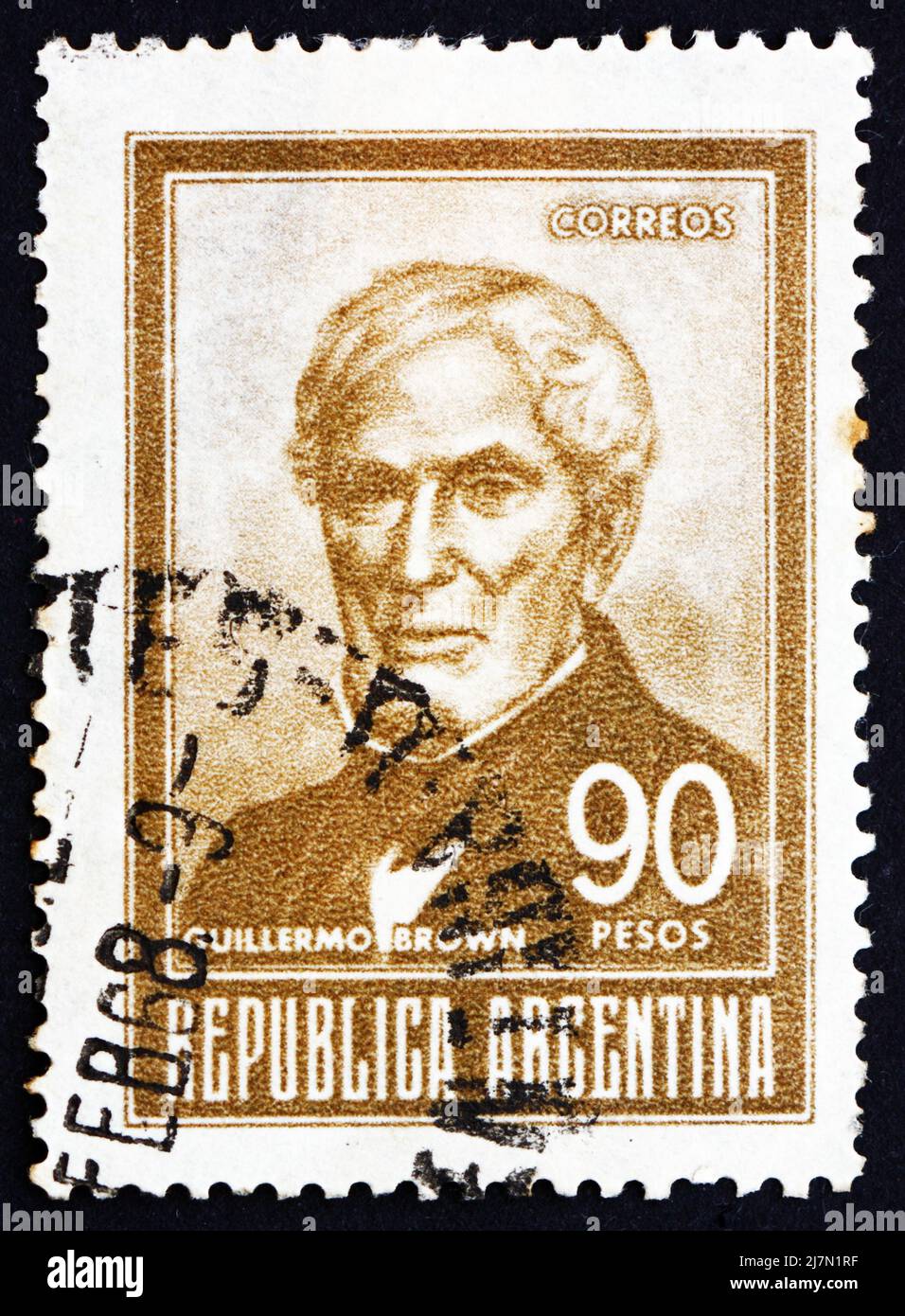 ARGENTINIEN - UM 1967: Eine in Argentinien gedruckte Briefmarke zeigt Guillermo Brown, den ersten Admiral Argentiniens, um 1967 Stockfoto