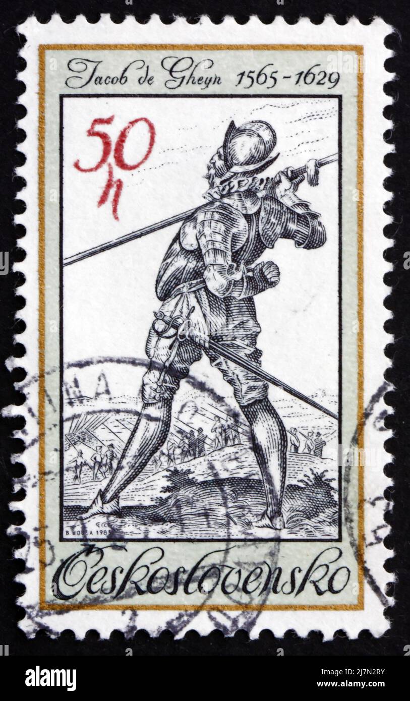 TSCHECHOSLOWAKEI - UM 1982: Eine in der Tschechoslowakei gedruckte Briefmarke zeigt den Lautenspieler, Gravur von Jacob de Gheyn, um 1982 Stockfoto