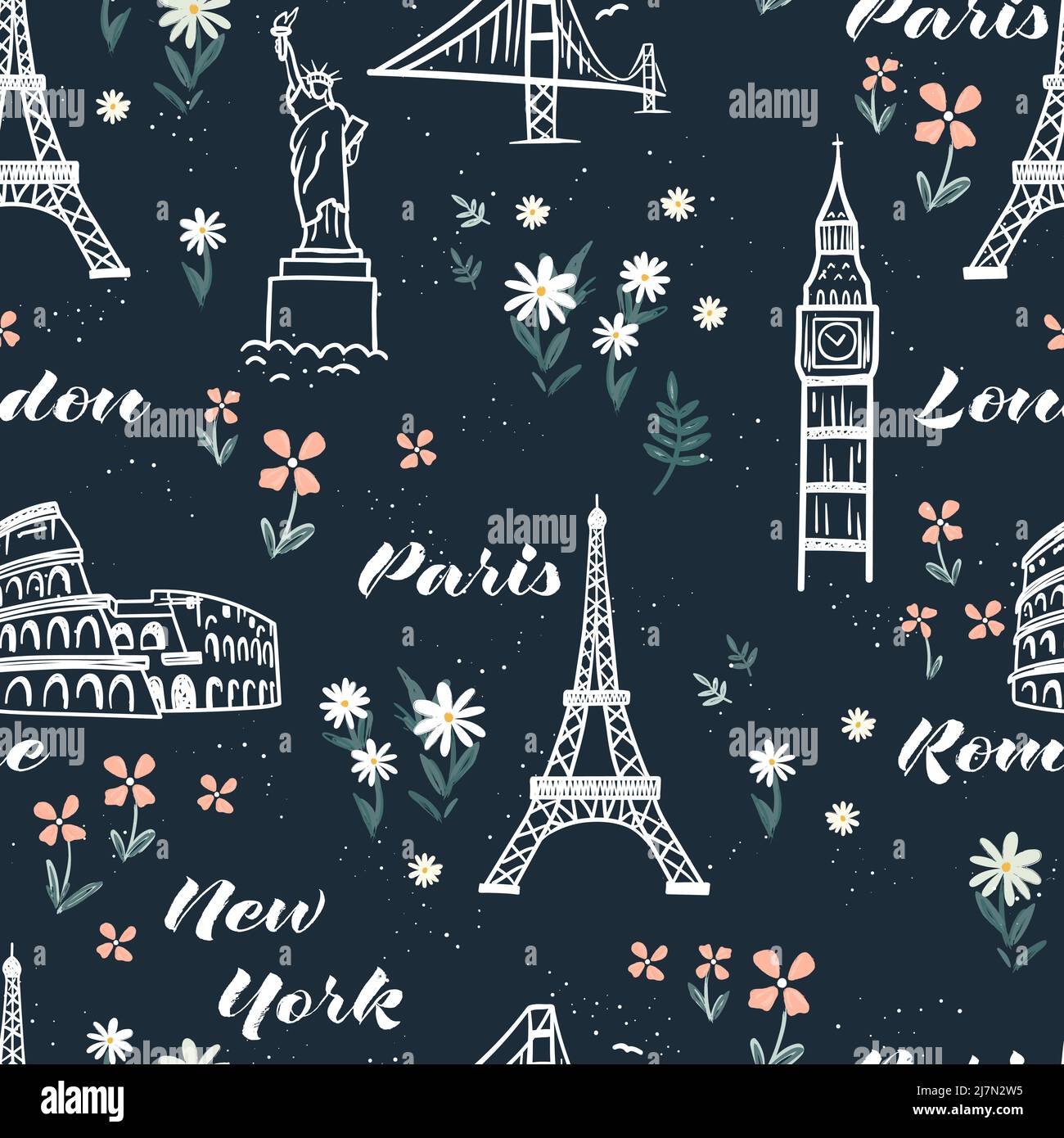 Hand gezeichnete Doodle Sehenswürdigkeiten nahtlose Muster, Reise Hintergrund, ideal für Textilien, Verpackung, Banner, Hintergrundbilder - Vektor-Design Stock Vektor