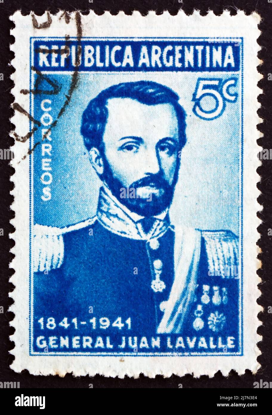 ARGENTINIEN - UM 1941: Eine in Argentinien gedruckte Briefmarke zeigt General Juan Galo de Lavalle, Gouverneur der Provinz Buenos Aires 11., um 1941 Stockfoto