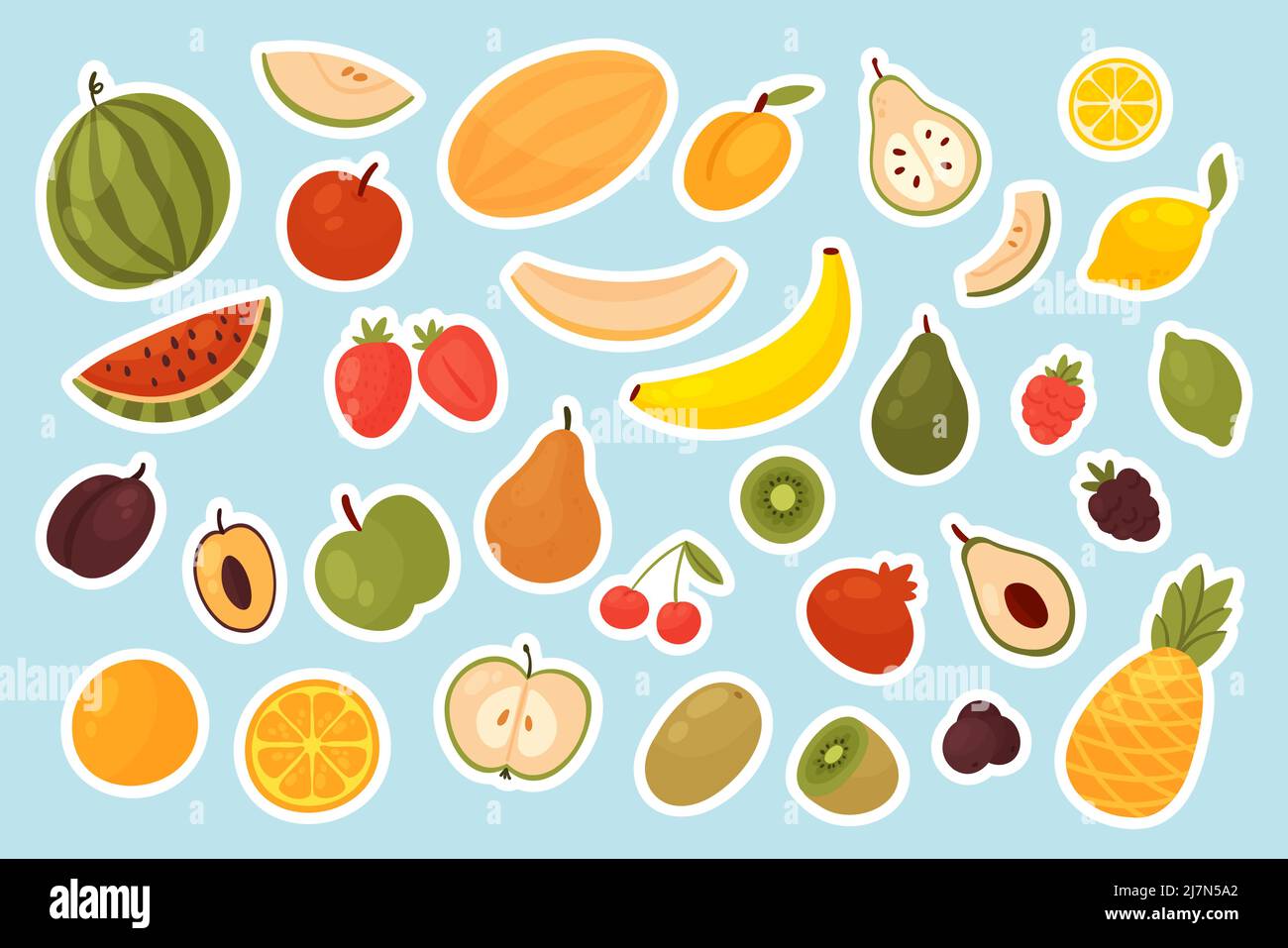 Obst und Beeren, Lebensmittel Aufkleber Set Vektor-Illustration. Cartoon Scheiben und ganze Apfel Himbeere Zitrone Orange Banane Erdbeere Wassermelone Birne Ananas Brombeere Pflaume isoliert auf blauem Hintergrund Stock Vektor