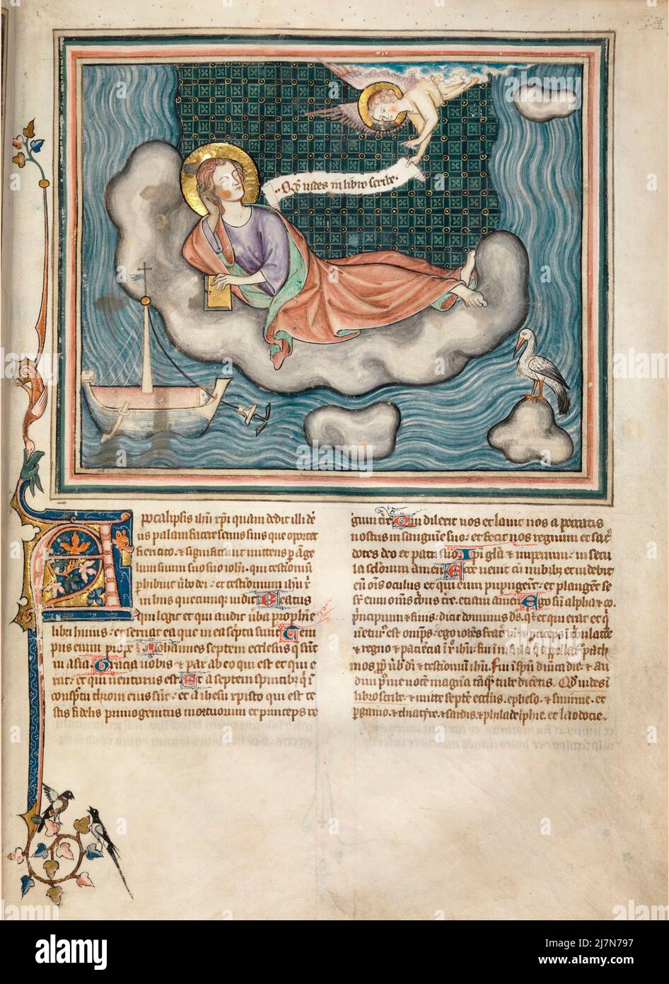 Die Cloisters Apokalypse ca. 1330 - die Apokalypse oder das Buch der Offenbarung, Johannes der Evangelist, Giovanni evangelista, während seines Exils auf der griechischen Insel Patmos. In diesem Bild - John auf der Insel Patmos Stockfoto