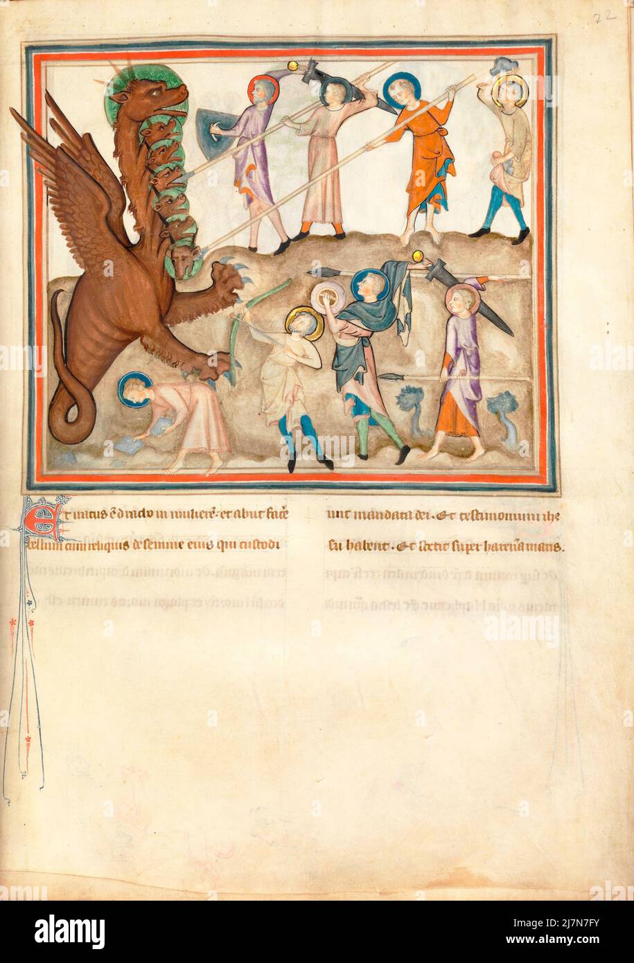 Die Cloisters Apokalypse ca. 1330 - die Apokalypse oder das Buch der Offenbarung, Johannes der Evangelist, Giovanni evangelista, während seines Exils auf der griechischen Insel Patmos. In diesem Bild -der Drache führt Krieg,La guerra dei draghi Stockfoto