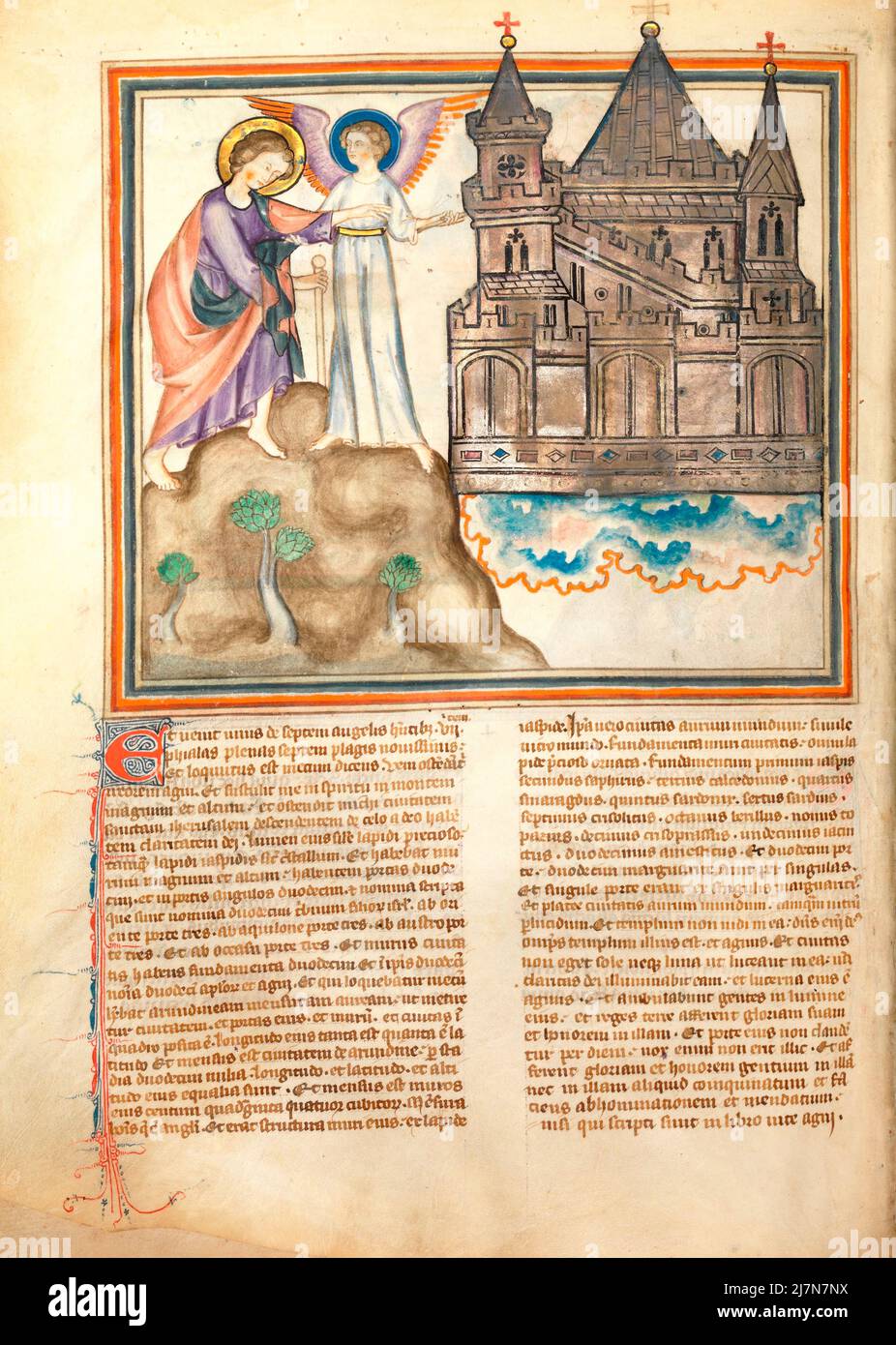 Die Cloisters Apokalypse ca. 1330 - die Apokalypse oder das Buch der Offenbarung, Johannes der Evangelist, Giovanni evangelista, während seines Exils auf der griechischen Insel Patmos. In diesem Bild - Johannes führte zum neuen Jerusalem Stockfoto