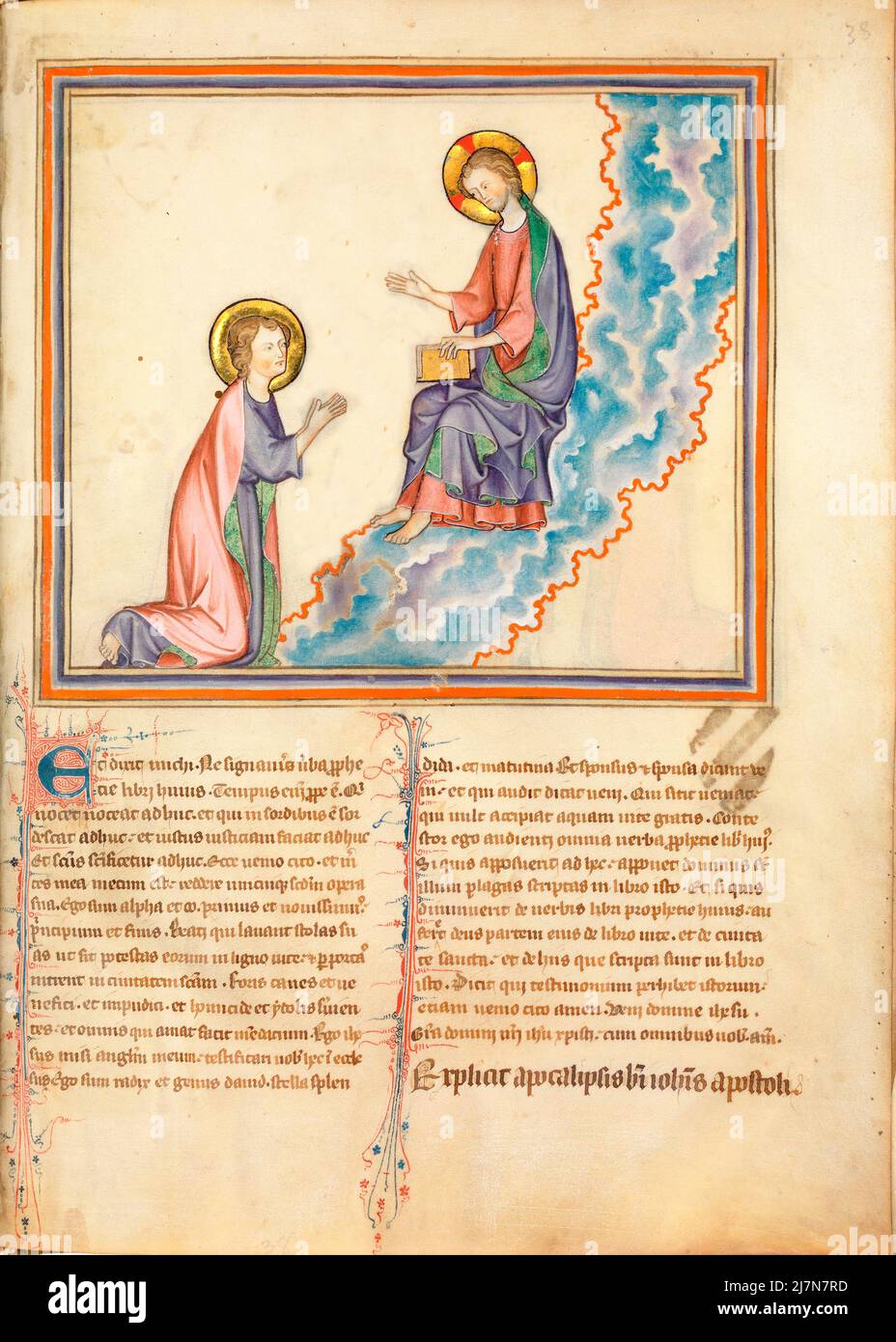 Die Cloisters Apokalypse ca. 1330 - die Apokalypse oder das Buch der Offenbarung, Johannes der Evangelist, Giovanni evangelista, während seines Exils auf der griechischen Insel Patmos. In diesem Bild - Johannes vor dem Herrn Stockfoto
