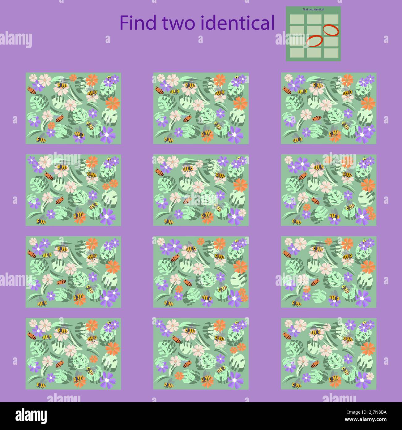 Finden Sie zwei identische Bilder mit Rebus-Bienen für Kinder unter 10 Jahren Stock Vektor