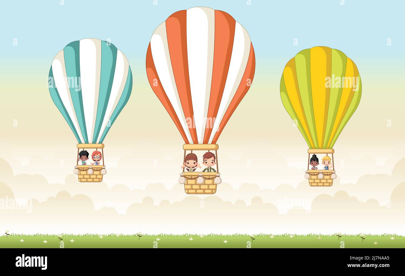 Cartoon Kinder in einem Heißluftballon am Himmel. Stock Vektor