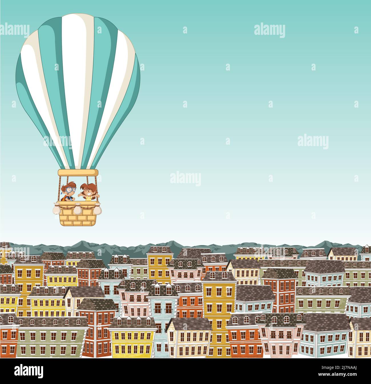Cartoon-Kinder in einem Heißluftballon fliegen über bunte Stadt. Stock Vektor