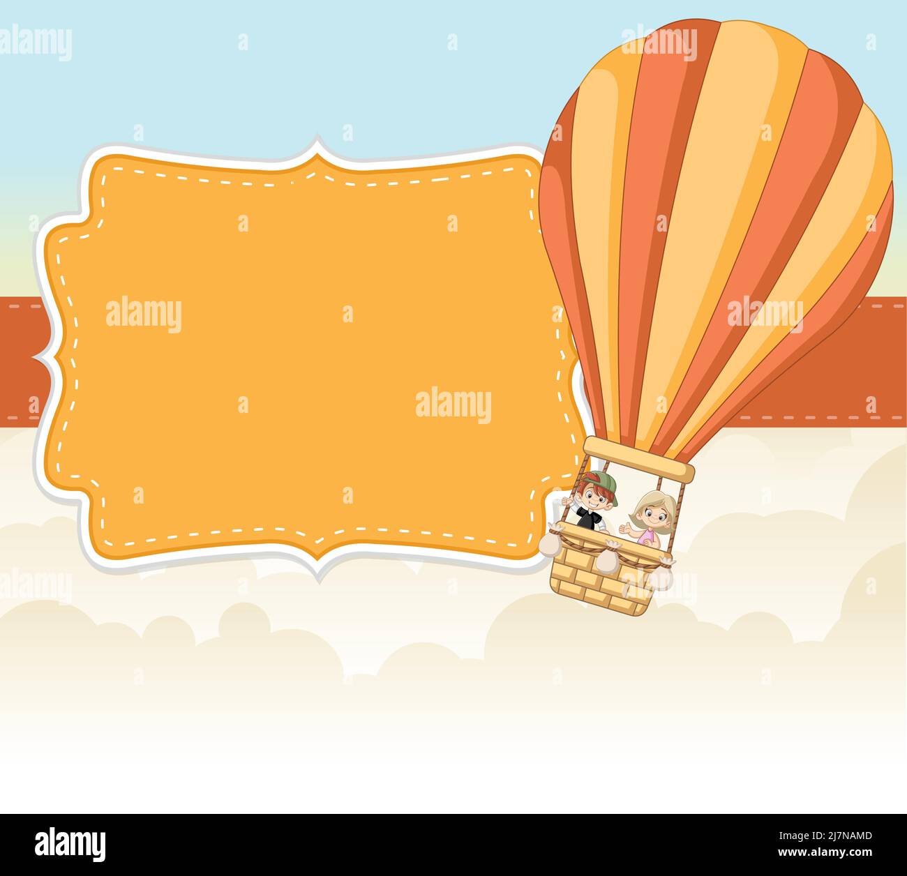 Cartoon Kinder in einem Heißluftballon am Himmel. Design von Infografik-Vorlagen. Stock Vektor