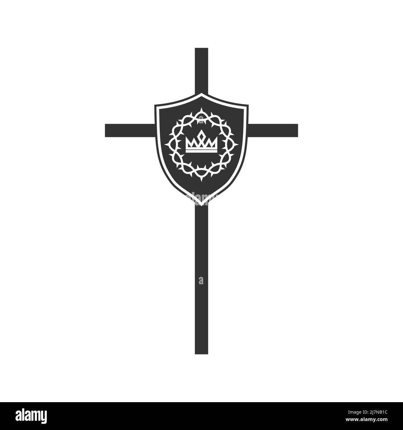 Christliches Symbol. Vektorlogo. Kreuz Jesu Christi und Schild mit einer Dornenkrone Stock Vektor