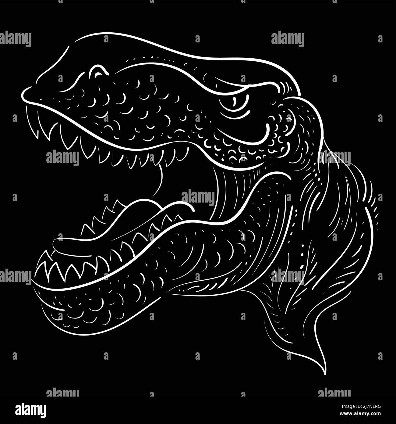 Der Vector Logo Drachen oder Dinosaurier auf schwarzem Tuch für T-Shirt Print Design oder outwear. Jagd Stil Reptil Hintergrund. Diese Zeichnung wäre schön Stock Vektor