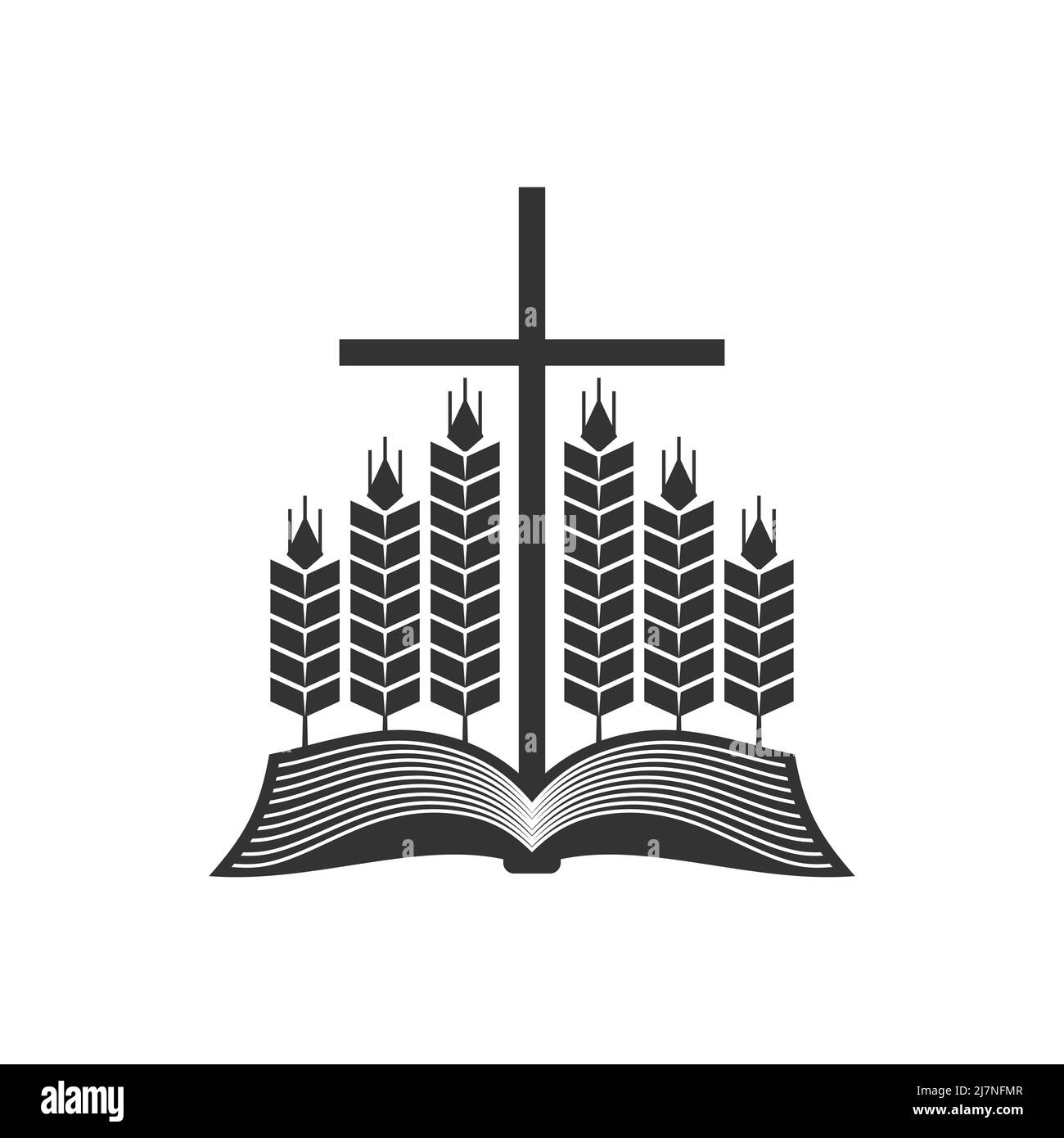 Christliche Illustration. Kirchenlogo. Offene bibel, reife Ähren und das Kreuz Jesu. Stock Vektor