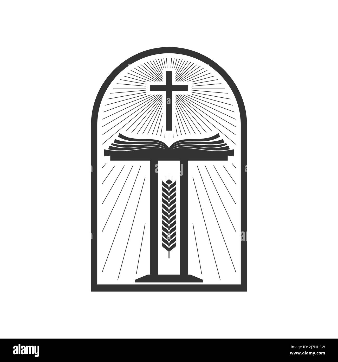 Christliche Illustration. Kirchenlogo. Bibelkanzel und Kreuz Jesu Christi. Stock Vektor