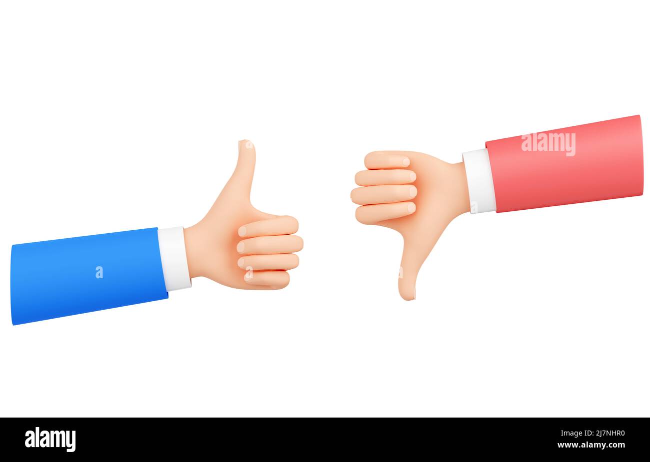 Hände mit Daumen nach oben und unten Geste 3D zeigen positives und negatives Feedback. „Gefällt mir“- und „Gefällt mir nicht“-Zeichen für das Design von Kundenreview. Element für Stockfoto