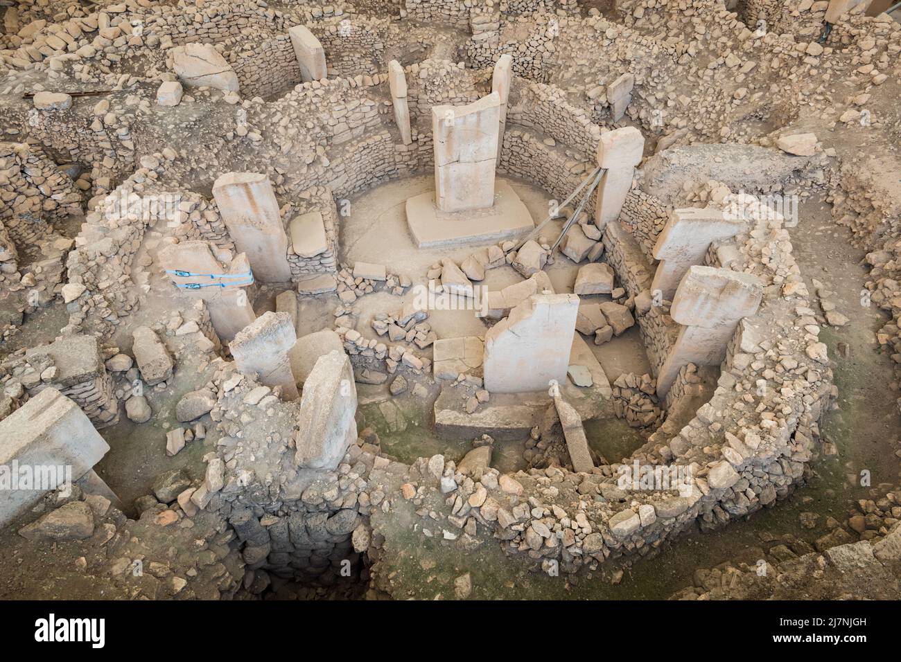 Göbekli Tepe (Gobeklitepe), eine neolithische archäologische Stätte in der Nähe der Stadt Sanliurfa in der Türkei. Es ist der älteste bekannte Tempel der Welt Stockfoto