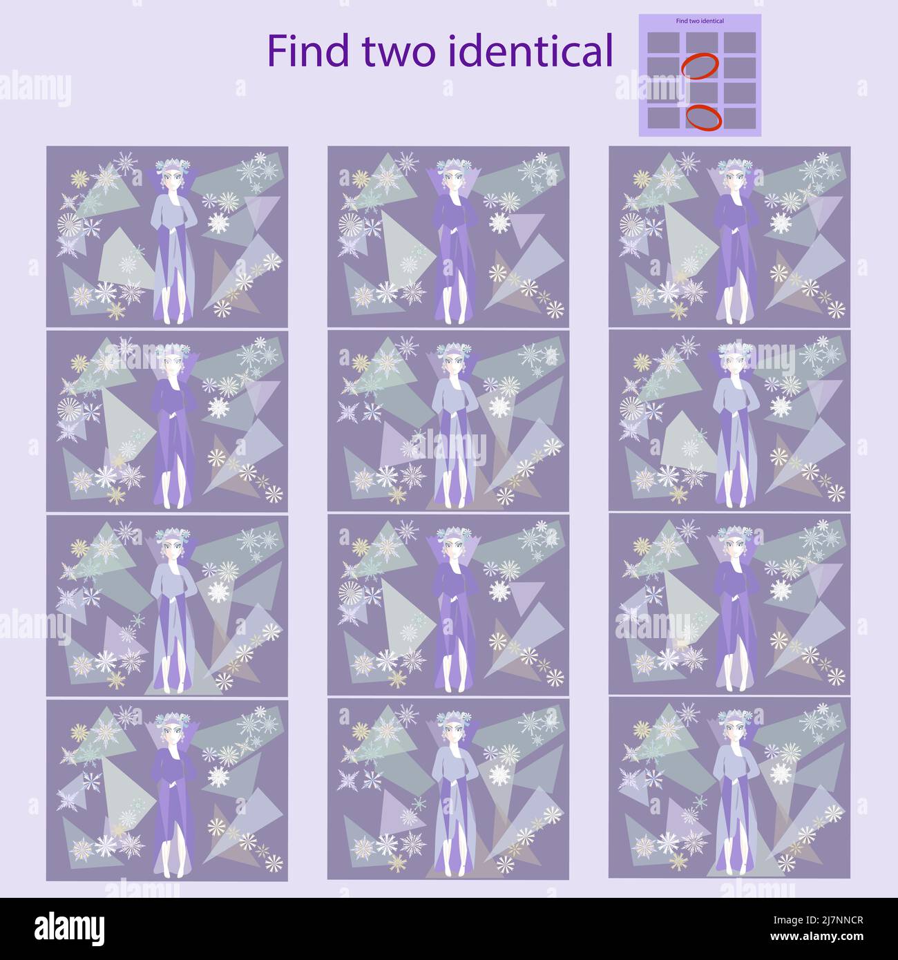 Finde zwei identische Bilder mit einem Schneekönigin-Rätsel für Kinder unter 10 Jahren Stock Vektor