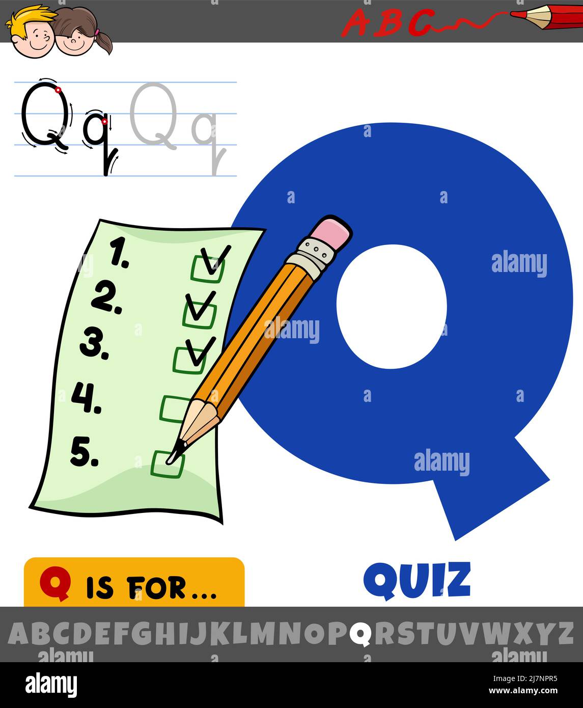 Pädagogische Karikatur Illustration des Buchstaben Q aus Alphabet mit Quiz Wort Stock Vektor
