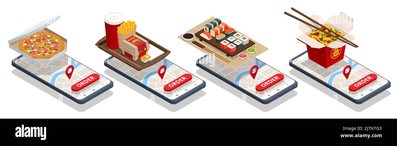 Isometrische Fast-Food-Delivery-App auf einem Smartphone. Bestellen von Essen zum Mitnehmen online auf einem Smartphone. Sushi, Kaffee, Eis, Burger, Salat und Pizza Stock Vektor