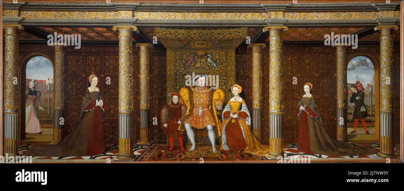 Henry der Achte und seine Familie (1545) - der Mann ganz rechts ist der Narr will Somers, und es wurde vermutet, dass die Frau ganz links die Narrin Jane Foole ist Stockfoto
