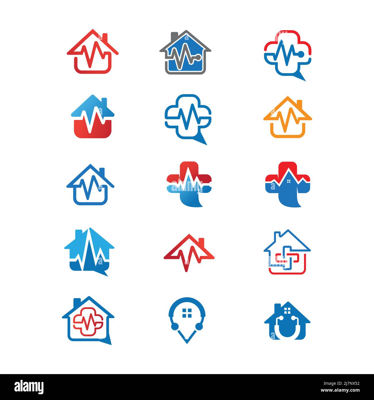 Satz von Gesundheits-Telefon-App-Logos, zu Hause und Herzschlag Symbole Stockfoto