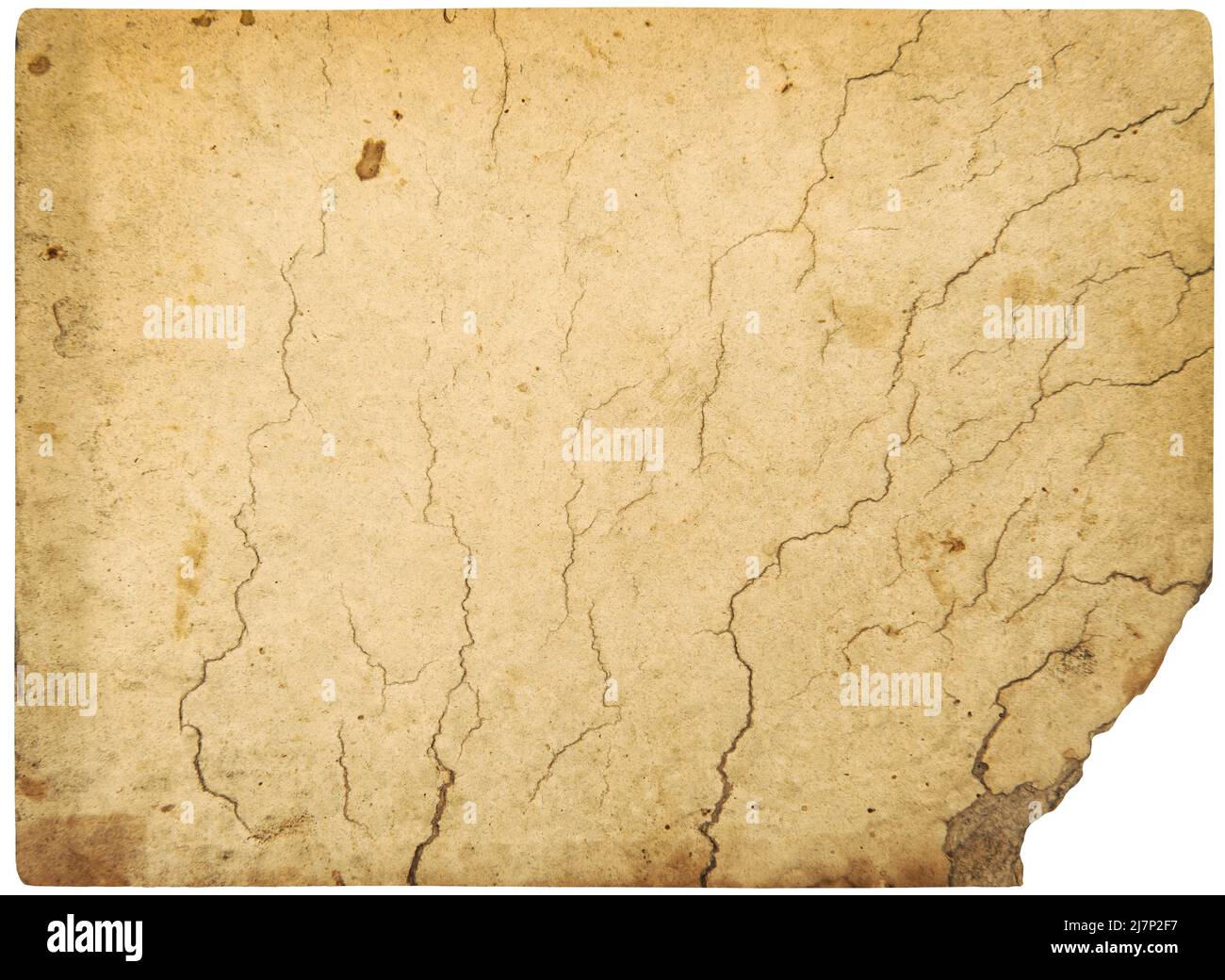 Altes Papierblatt isoliert auf weißem Hintergrund. Gebrauchte Pappstruktur abgerissene Ränder Stockfoto