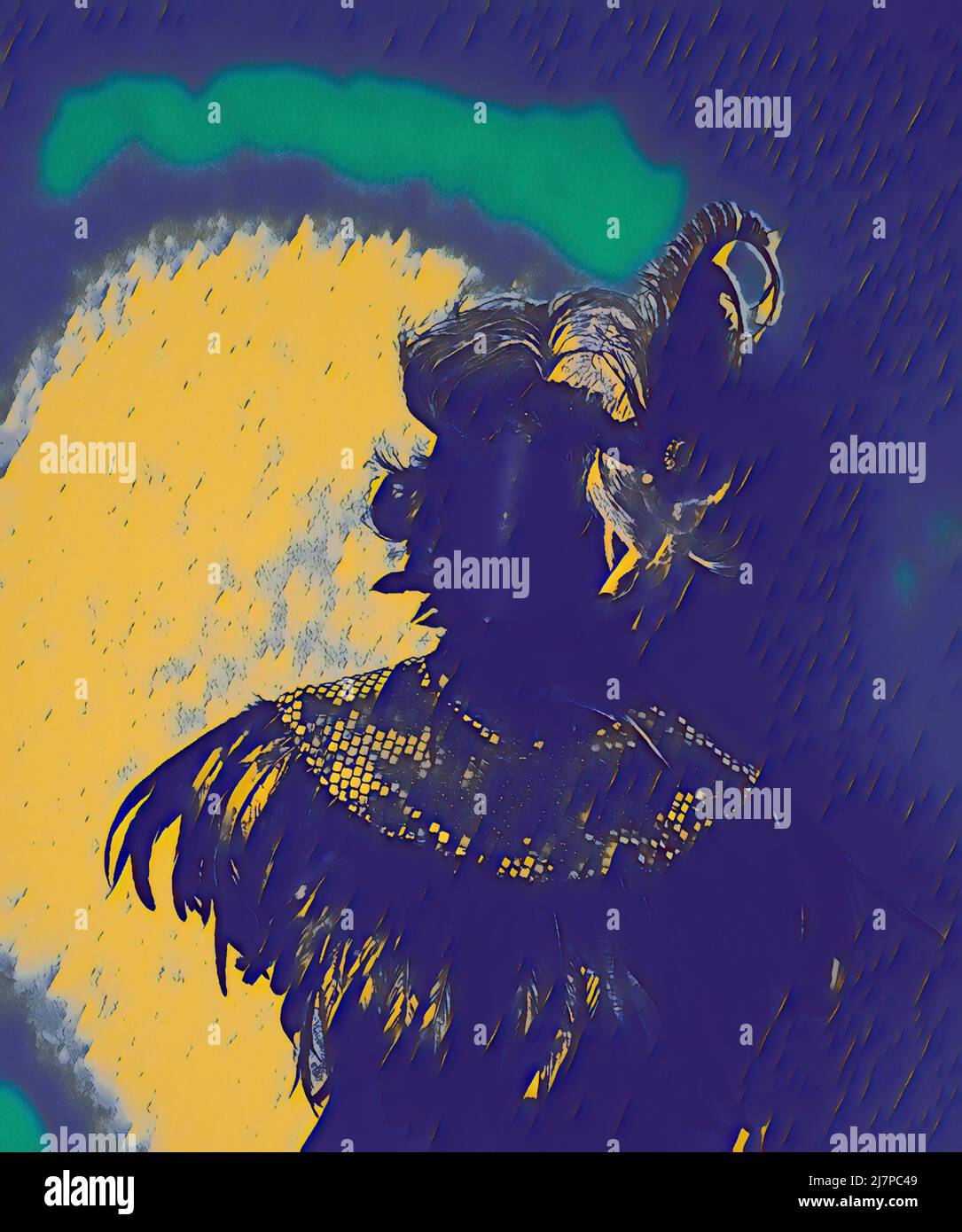 Modische Schaufensterpuppe mit schwarz-weißer Perücke, Stirnband im 20er-Stil und silberfarbenen Pailletten und Federn. Stockfoto