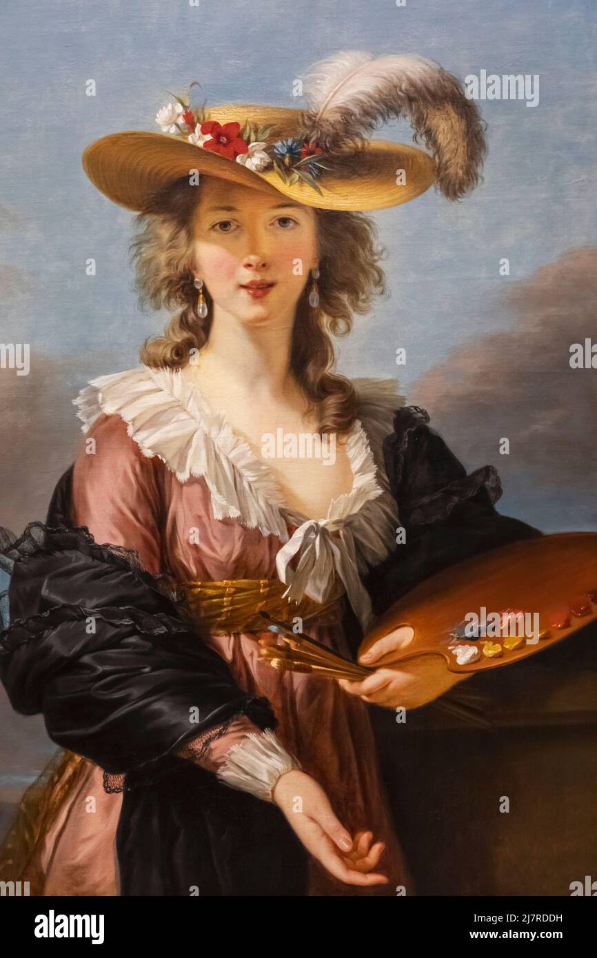 Gemälde mit dem Titel „Selbstporträt in einem Strohhut“ von der französischen Künstlerin Elisabeth Louise Vigee Le Brun aus dem Jahr 1782 Stockfoto