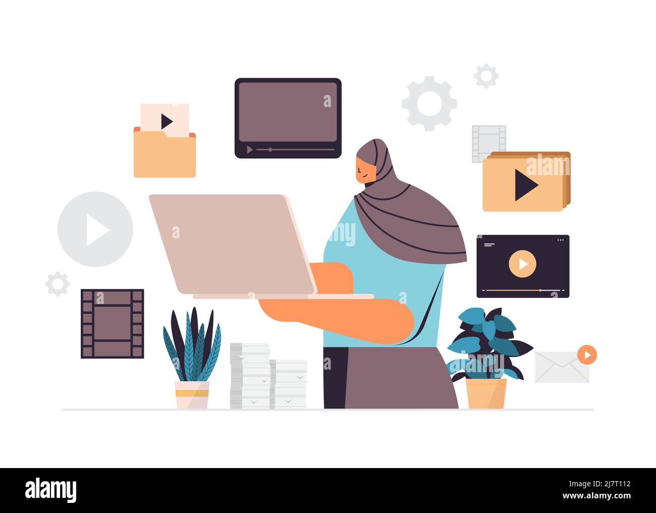 arabische Frau, die Videos auf dem Laptop ansieht Online-Bildung E-Learning-Video-Tutorials Live-Streaming-Konzept Stock Vektor