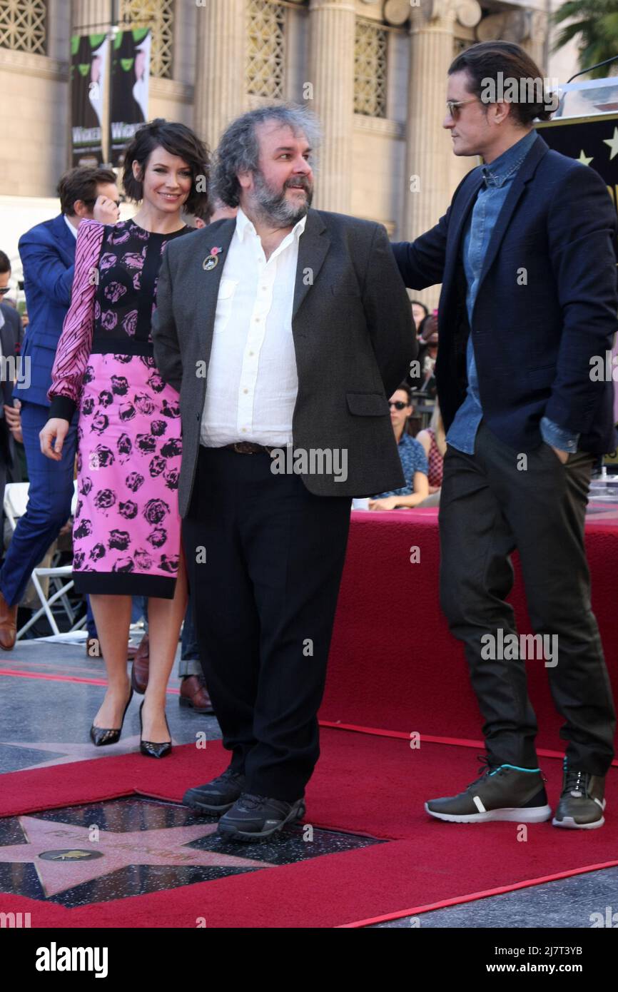 LOS ANGELES - DEZ 8: Evangeline Lilly, Sir Peter Jackson, Orlando Bloom bei der Peter Jackson Hollywood Walk of Fame Zeremonie im Dolby Theater am 8. Dezember 2014 in Los Angeles, CA Stockfoto