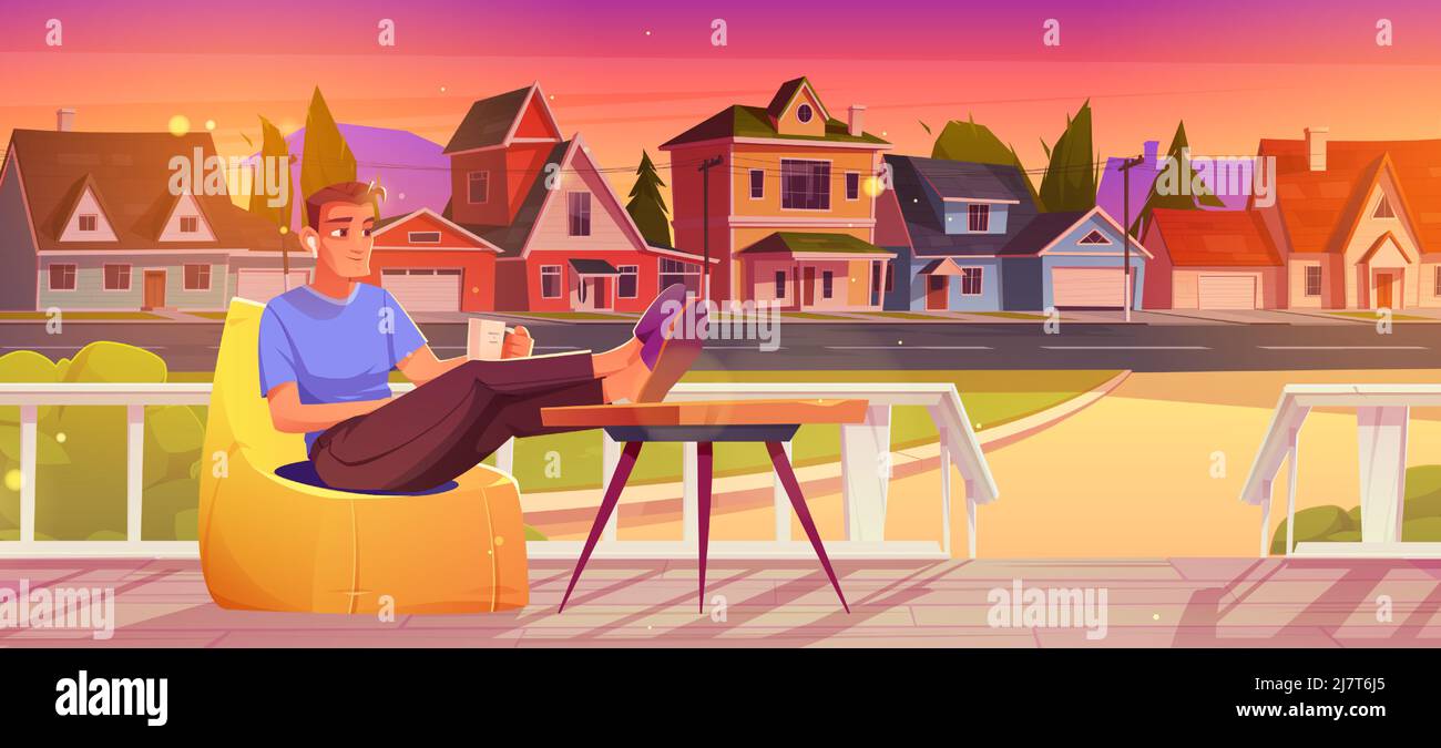 Mann Rest auf hölzernen Haus Veranda in Vorstadtstraße. Vektor-Cartoon-Illustration der Person sitzt in Sitzsack Stuhl mit Tasse und Ohrstöpsel auf der Terrasse und Blick auf die Hütten bei Sonnenuntergang Stock Vektor