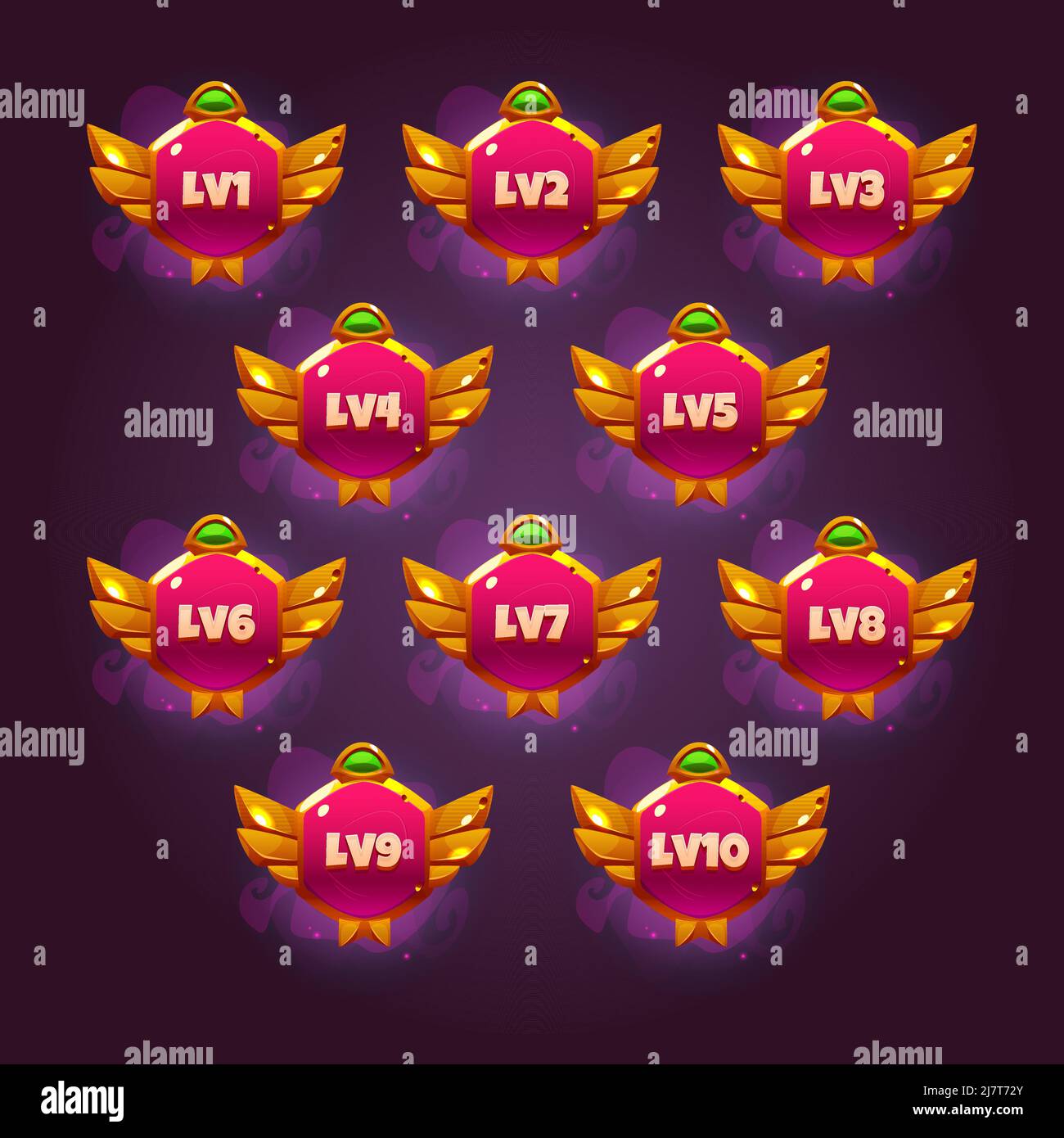 Spielabzeichen der Level-Nummer, rosa Symbole mit goldenen Rahmen und grünen Edelstein. Vektor-Cartoon-Satz von goldenen Rang Etiketten, Embleme des Spiels Ebene isoliert auf dem Hintergrund Stock Vektor