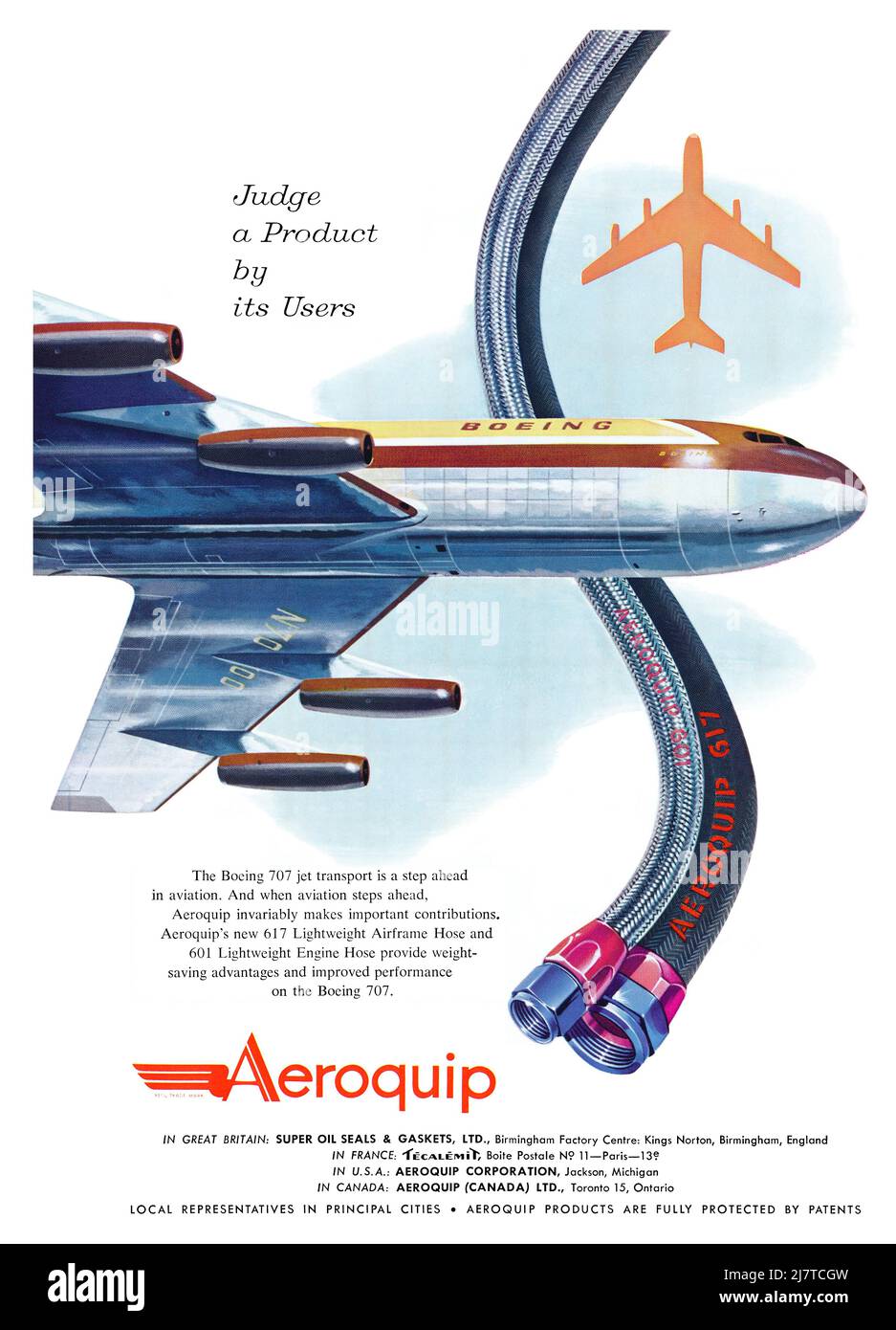 1956 Britische Werbung für Aeroquip Aviation Engineering für das Flugzeug Boeing 707. Stockfoto