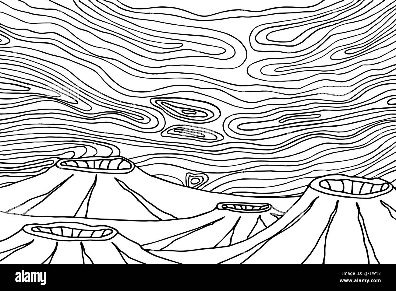 Doodle außerirdische Fantasy-Landschaft mit großen Berg Malvorlagen für Erwachsene. Fantastische psychedelische Grafik. Vektor von Hand gezeichnete einfache flache Illust Stock Vektor